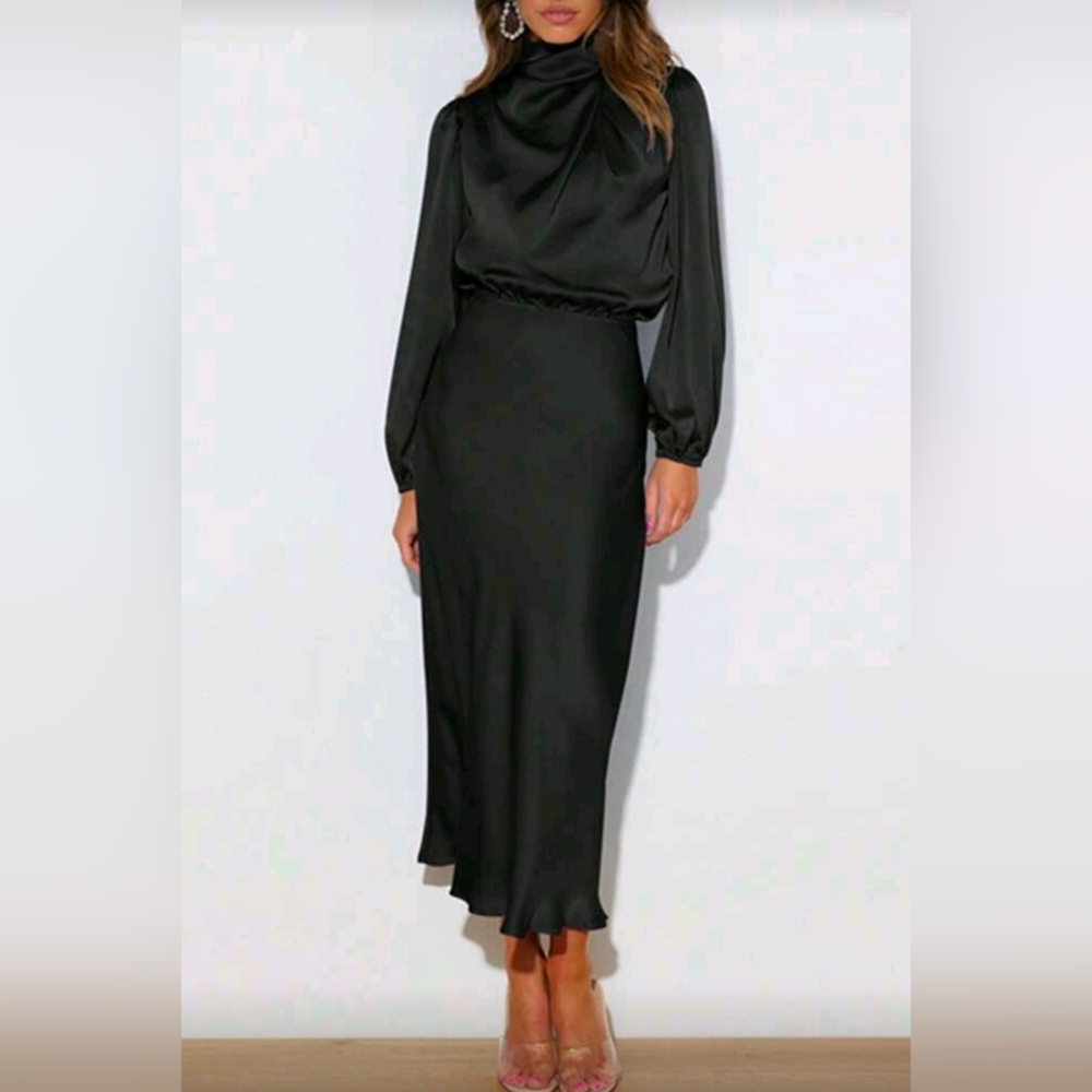 NEW Chic Draped Wrap Halter Neck Satin Midi Dress Bishop Long Sleeve Black - Picture 3 of 9